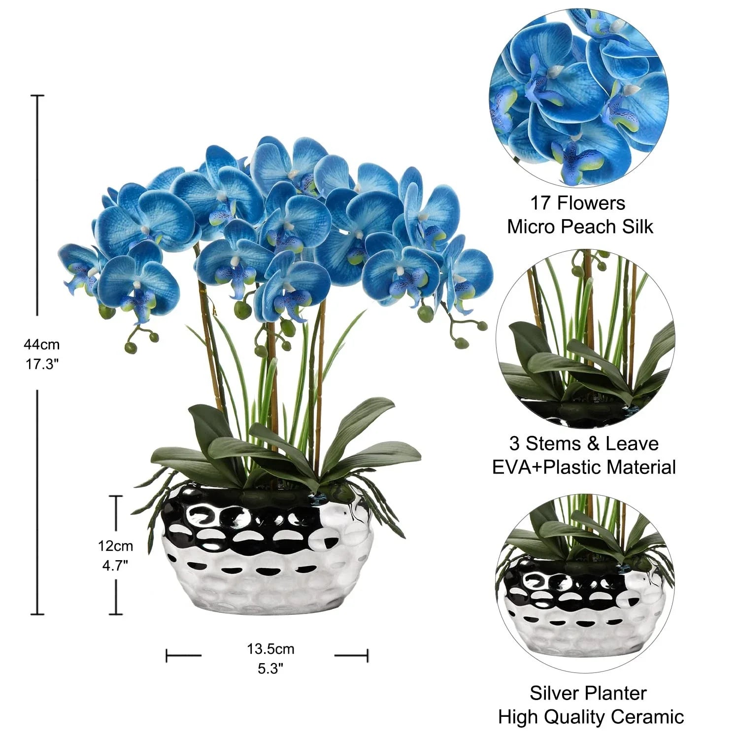 Artificial Flowers 18" Blue Phalaenopsis Large Orchid with Silver Cer...