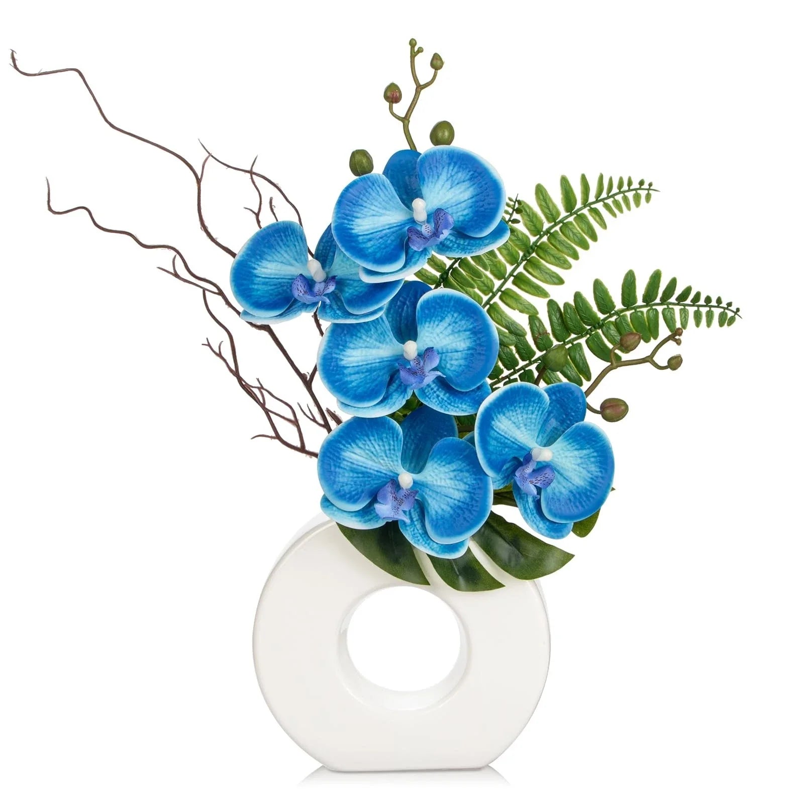 Orchid Fake Flowers 16.1'' Blue Artificial Orchid Silk Flowers with Vase Faux...
